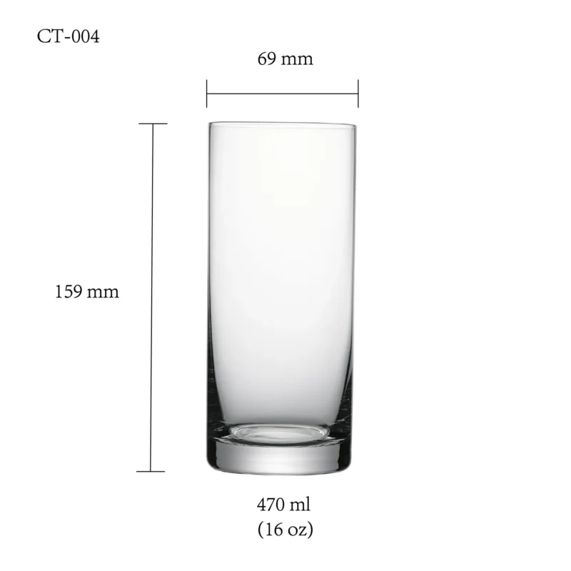Cocktail glass size chart for model CT-004 with 190-470 ml capacities, including height and rim diameter.