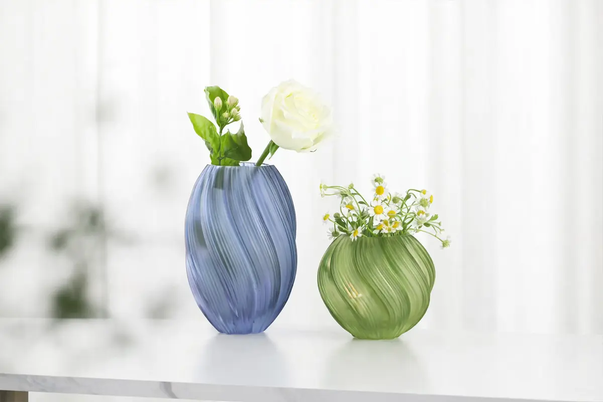 Colored ribbed glass vases for home decor and seasonal display programs