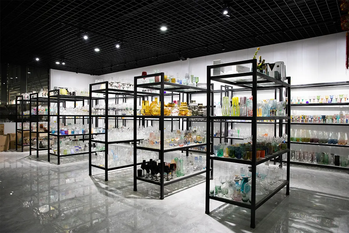 Glassware sample display room with various cup designs