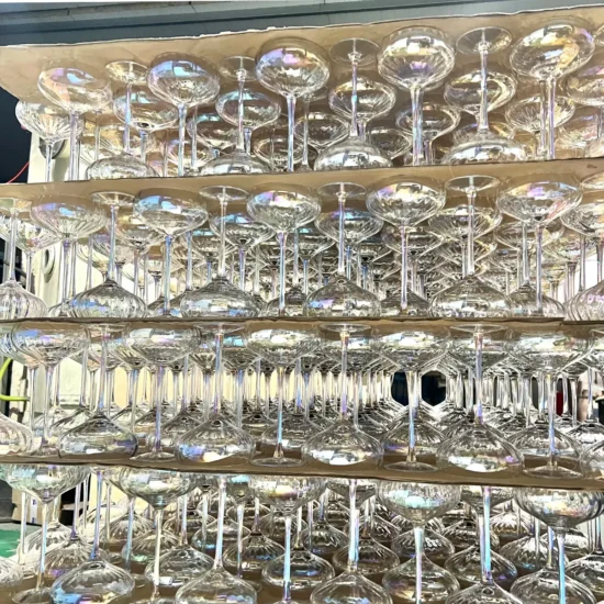 Finished glass cups displayed in the factory