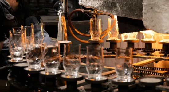 Glass cup production machine in operation