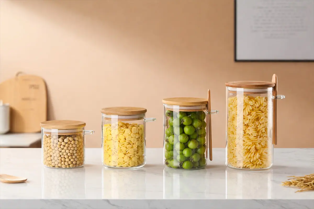 Glass storage jars with bamboo lids for dry goods and kitchen organization