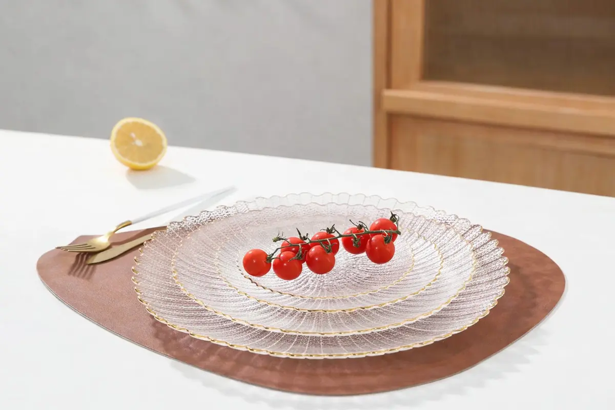 Textured glass dinner plate with gold rim for modern table settings