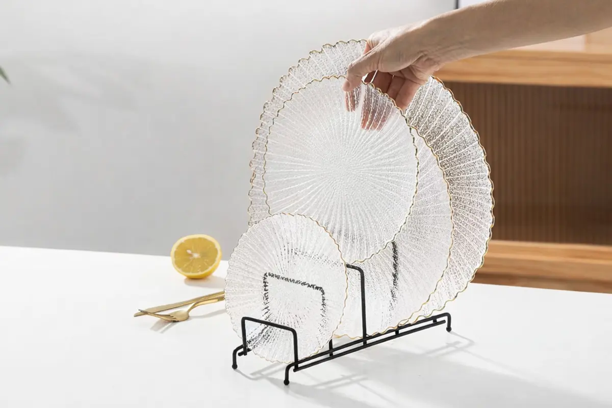 Textured glass plate set in multiple sizes for coordinated dining presentation