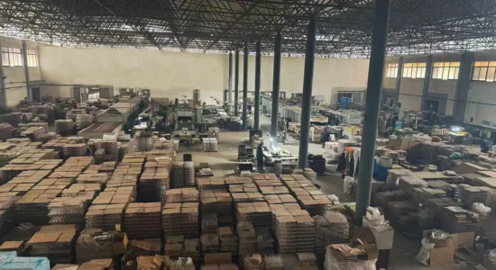 Glassware factory production workshop with manufacturing machines