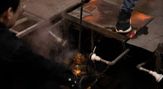 Handmade glass cup production by a skilled worker