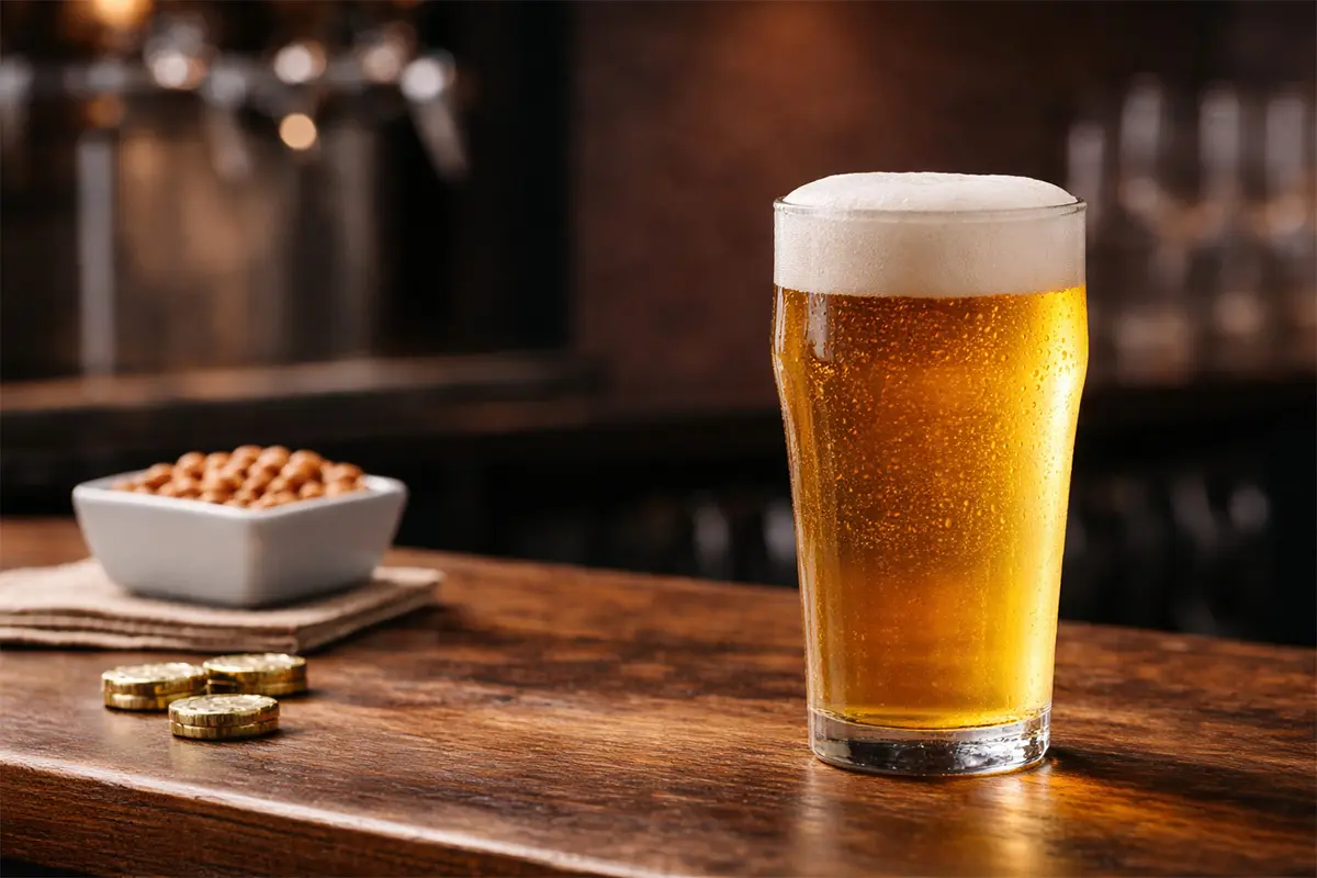 Shaker-style pint beer glass filled with golden beer on a wooden bar