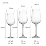 Red wine glass size chart for model RW-001 with 407 ml, 540 ml, and 620 ml capacities, including height and rim diameter