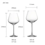 Red wine glass size chart for model RW-002 with 500 ml and 650 ml capacities, including height and rim diameter.