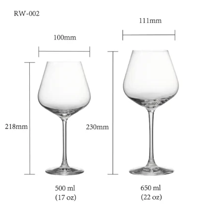 Red wine glass size chart for model RW-002 with 500 ml and 650 ml capacities, including height and rim diameter.