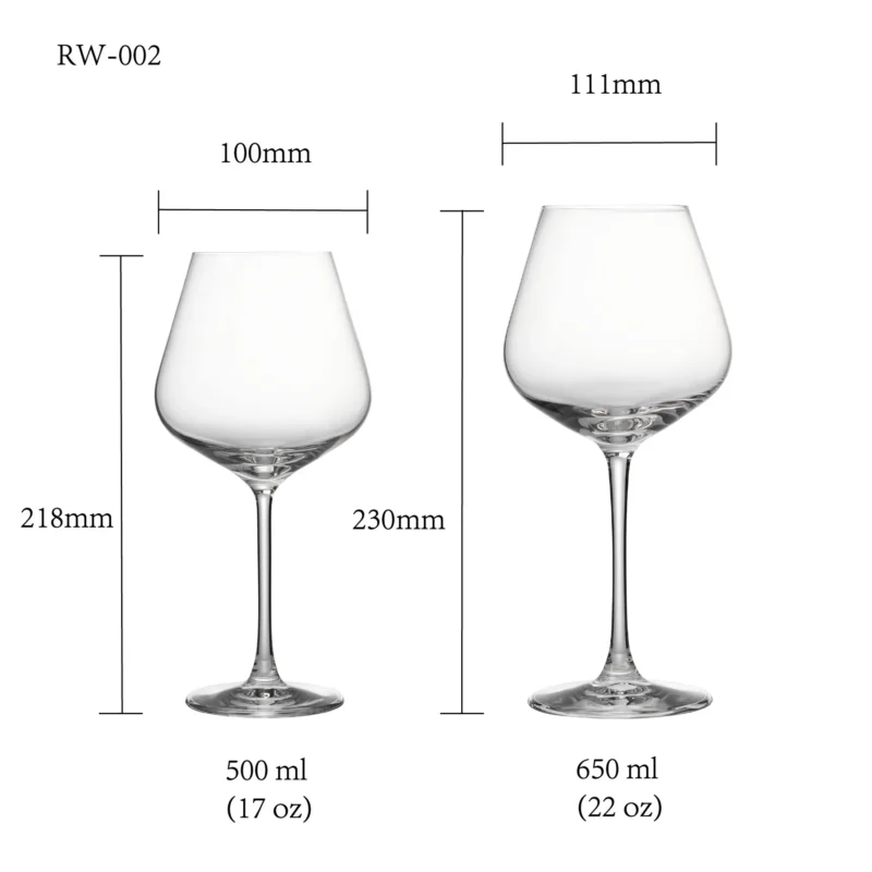 Red wine glass size chart for model RW-002 with 500 ml and 650 ml capacities, including height and rim diameter.