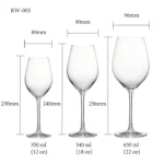 Universal wine glass size chart for model RW-003 with 350 ml，540 and 650 ml capacities, including height and rim diameter.