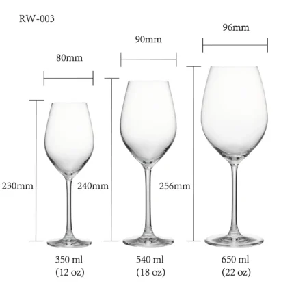 Universal wine glass size chart for model RW-003 with 350 ml，540 and 650 ml capacities, including height and rim diameter.