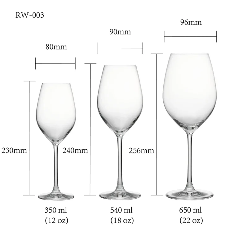 Universal wine glass size chart for model RW-003 with 350 ml，540 and 650 ml capacities, including height and rim diameter.