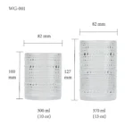 water glass size chart for model WG-001 with 300-370 ml capacities, including height and rim diameter.
