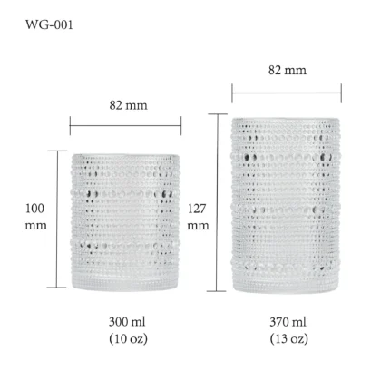 water glass size chart for model WG-001 with 300-370 ml capacities, including height and rim diameter.