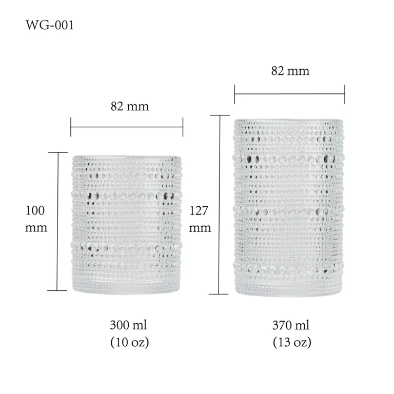 water glass size chart for model WG-001 with 300-370 ml capacities, including height and rim diameter.