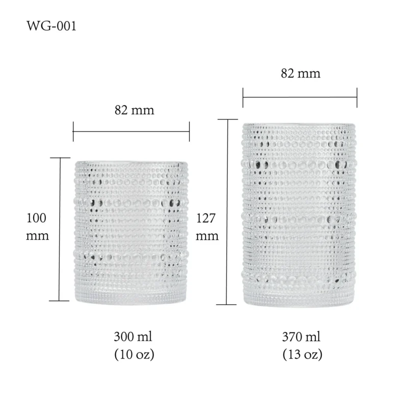 water glass size chart for model WG-001 with 300-370 ml capacities, including height and rim diameter.