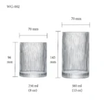 water glass size chart for model WG-002 with 250-380 ml capacities, including height and rim diameter.