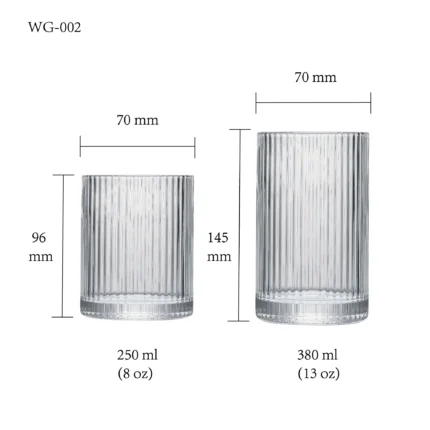 water glass size chart for model WG-002 with 250-380 ml capacities, including height and rim diameter.