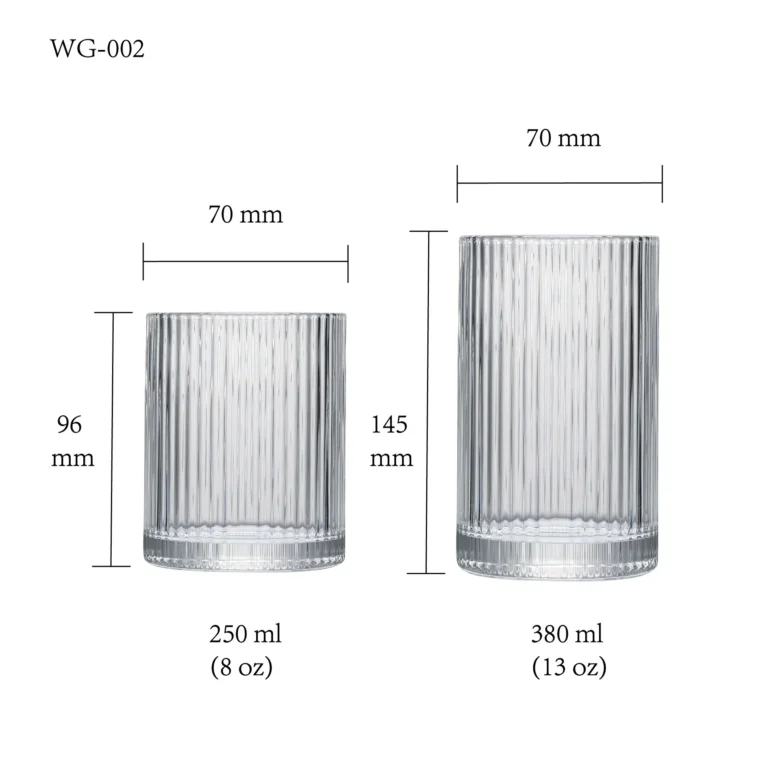 water glass size chart for model WG-002 with 250-380 ml capacities, including height and rim diameter.