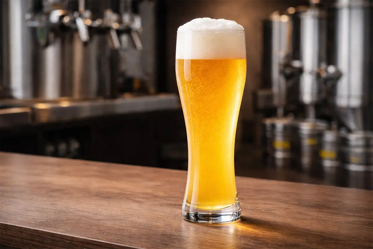 Tall weizen wheat beer glass with hazy golden beer and thick foam