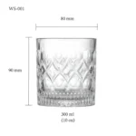 Whiskey glass size chart for model WS-001 with 300 ml capacities, including height and rim diameter.