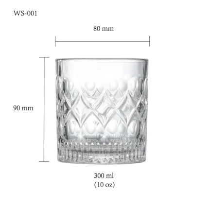 Whiskey glass size chart for model WS-001 with 300 ml capacities, including height and rim diameter.