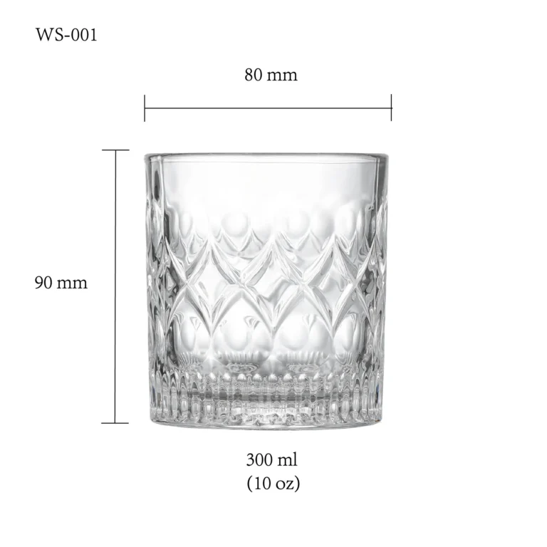 Whiskey glass size chart for model WS-001 with 300 ml capacities, including height and rim diameter.