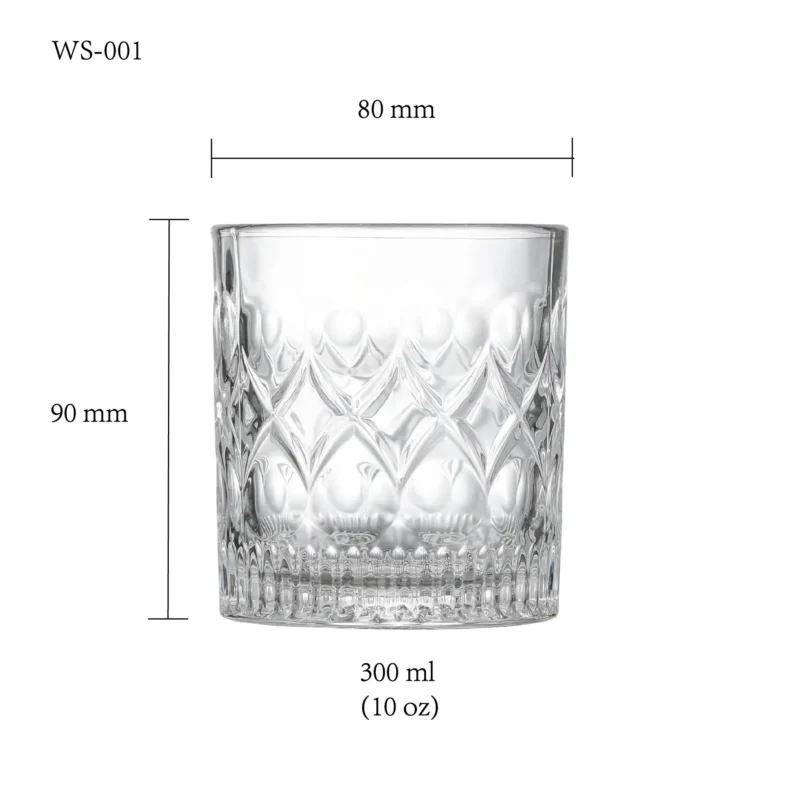 Whiskey glass size chart for model WS-001 with 300 ml capacities, including height and rim diameter.
