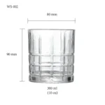 Whiskey glass size chart for model WS-002 with 300 ml capacities, including height and rim diameter.