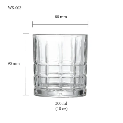 Whiskey glass size chart for model WS-002 with 300 ml capacities, including height and rim diameter.