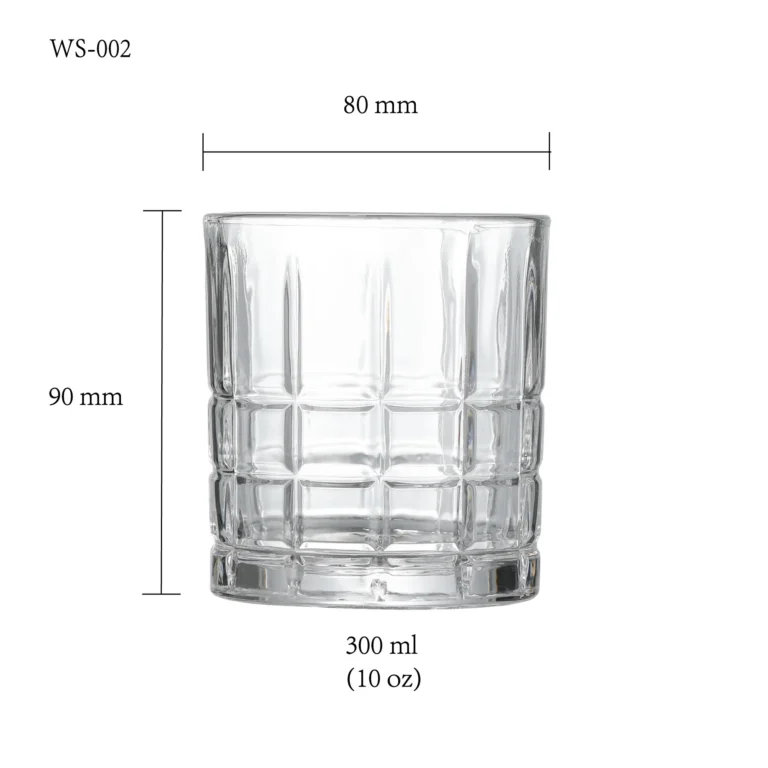 Whiskey glass size chart for model WS-002 with 300 ml capacities, including height and rim diameter.