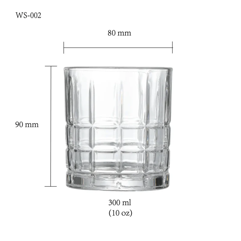 Whiskey glass size chart for model WS-002 with 300 ml capacities, including height and rim diameter.