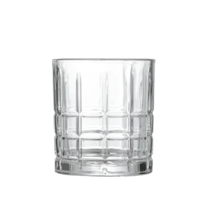 Grid pattern old fashioned whiskey glass 300 ml on white background.