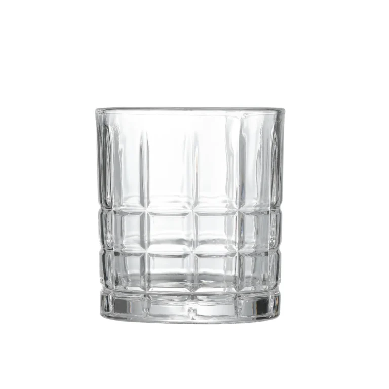Grid pattern old fashioned whiskey glass 300 ml on white background.