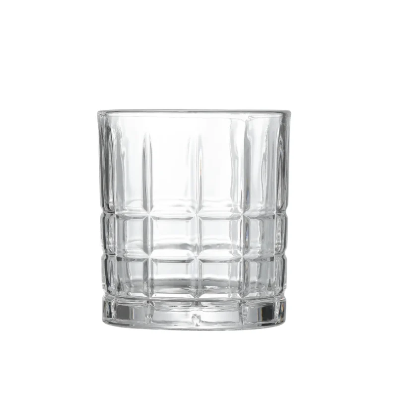 Grid pattern old fashioned whiskey glass 300 ml on white background.