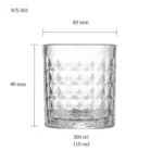 Whiskey glass size chart for model WS-003 with 300 ml capacities, including height and rim diameter.