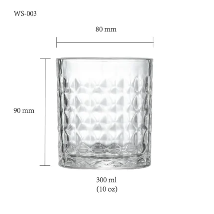 Whiskey glass size chart for model WS-003 with 300 ml capacities, including height and rim diameter.