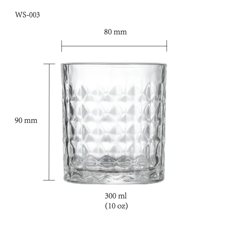 Whiskey glass size chart for model WS-003 with 300 ml capacities, including height and rim diameter.