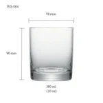 Whiskey glass size chart for model WS-004 with 300 ml capacities, including height and rim diameter.