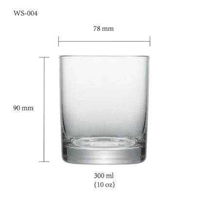 Whiskey glass size chart for model WS-004 with 300 ml capacities, including height and rim diameter.