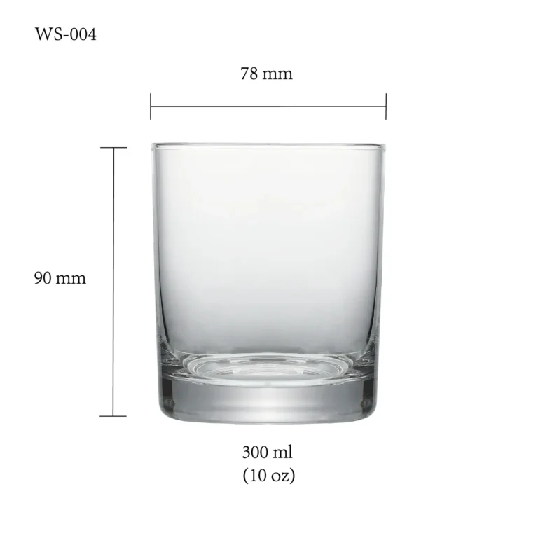 Whiskey glass size chart for model WS-004 with 300 ml capacities, including height and rim diameter.