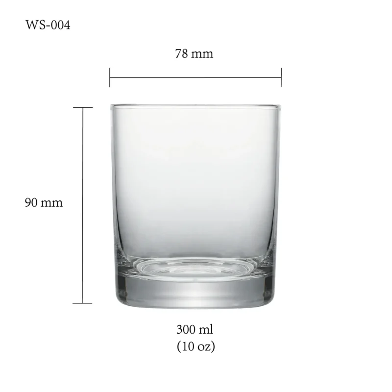 Whiskey glass size chart for model WS-004 with 300 ml capacities, including height and rim diameter.
