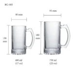 Beer glass size chart for model BG-005 with 490 ml and 730 ml capacities, including height and rim diameter.