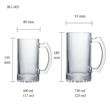 Beer glass size chart for model BG-005 with 490 ml and 730 ml capacities, including height and rim diameter.