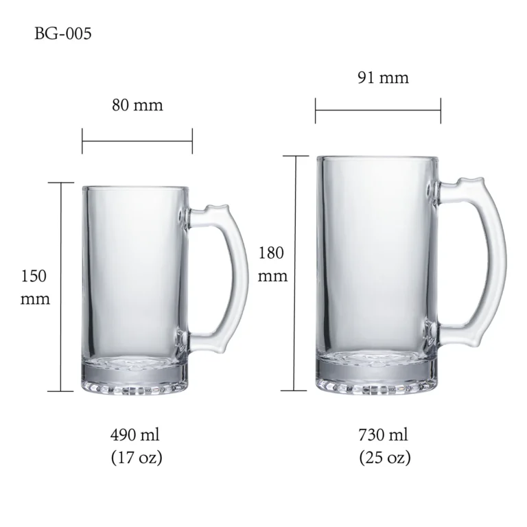 Beer glass size chart for model BG-005 with 490 ml and 730 ml capacities, including height and rim diameter.