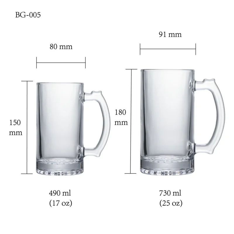 Beer glass size chart for model BG-005 with 490 ml and 730 ml capacities, including height and rim diameter.