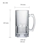Beer glass size chart for model BG-006 with 1000 ml capacities, including height and rim diameter.