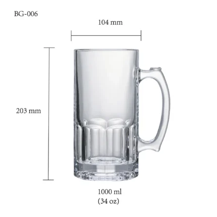 Beer glass size chart for model BG-006 with 1000 ml capacities, including height and rim diameter.